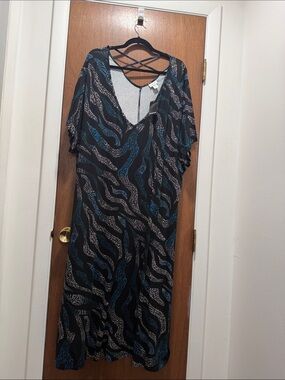 Avenue Black Dress with Blue & Light Pink Wave Print